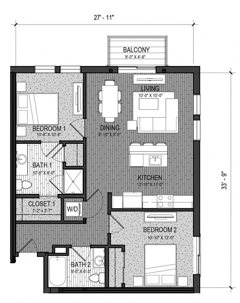Floor plan for 2 beds, 2 baths, 924 sqft